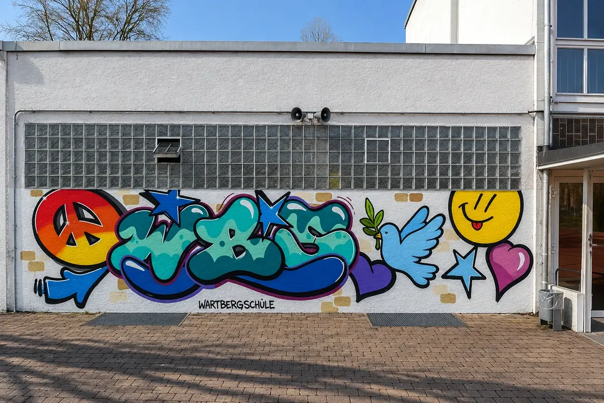 Buntes Graffiti-Wandbild an der Wartbergschule Heilbronn mit Peace-Zeichen, dem Schriftzug WBS, Friedenstaube, Smiley und Herzen.