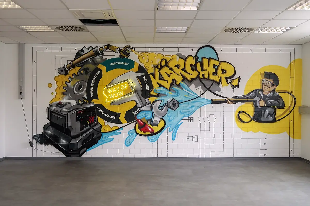 Graffiti-Wandgestaltung für Kärcher in der Ausbildungswerkstatt Winnenden