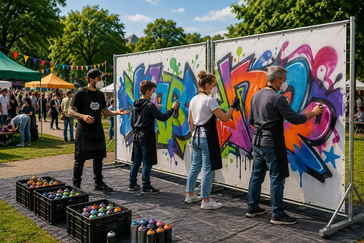 Teilnehmende unterschiedlichen Alters sprühen mit FFP2-Masken und schwarzen Schürzen auf weißen PVC-Bannern an mobilen Bauzäunen bei einem Graffiti-Event im Park.